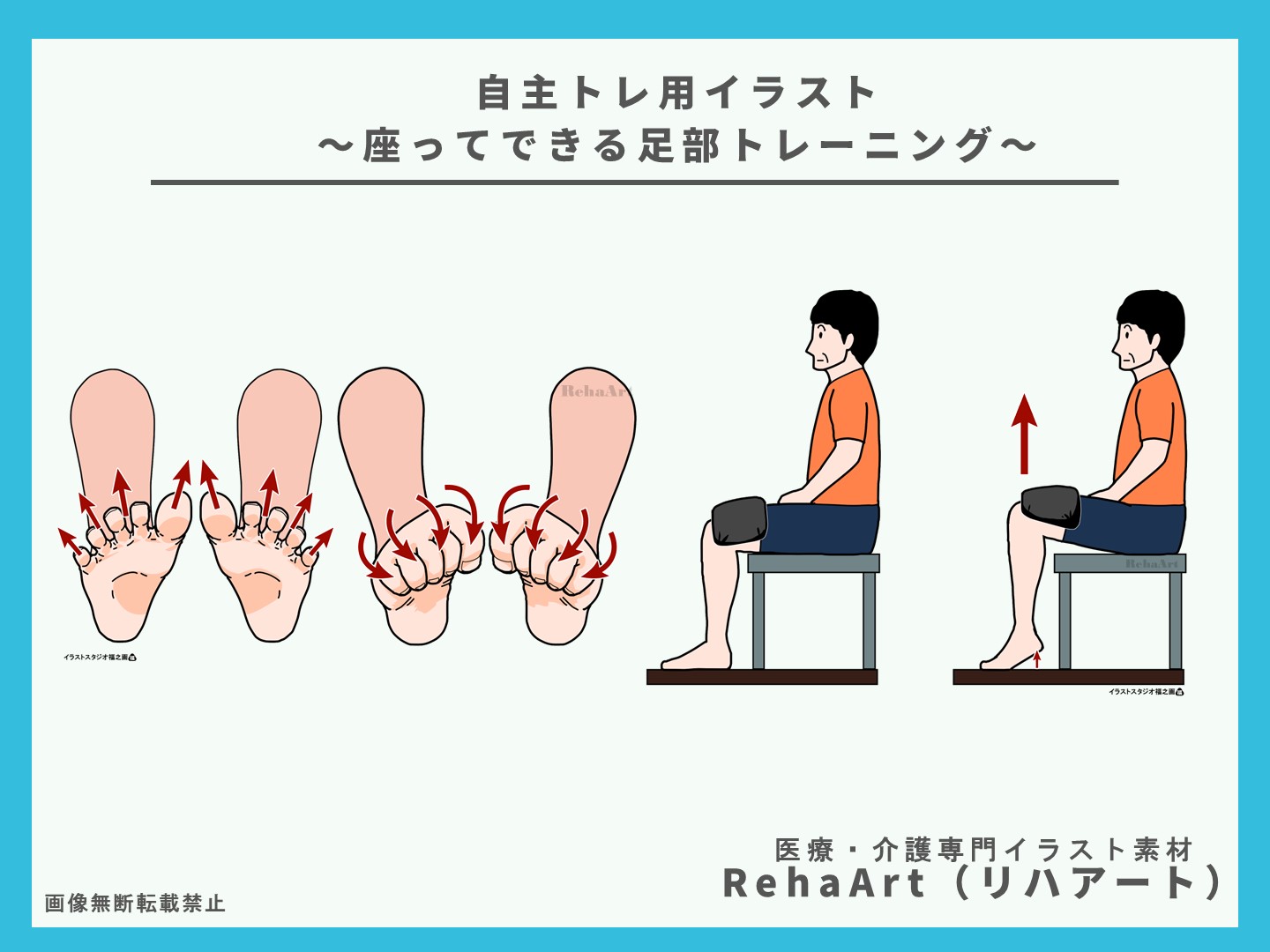 自主トレ：図・画像・イラスト・足部トレーニング・足趾・足関節・下腿三頭筋・ヒラメ筋・腓腹筋・指導・注意点