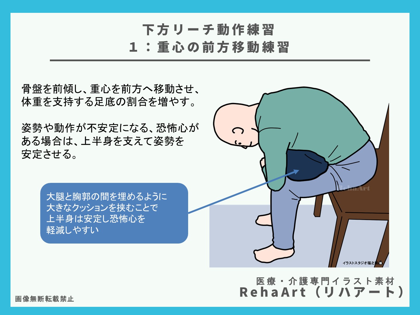 下方リーチ動作練習を無理なく進める方法、イラスト、解説、やり方、生活動作、難しい、簡単2