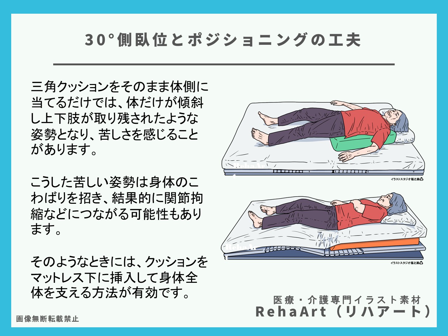 30°側臥位・ポジショニング・介助・介護・看護・リハビリ・イラスト・図・褥瘡・予防２